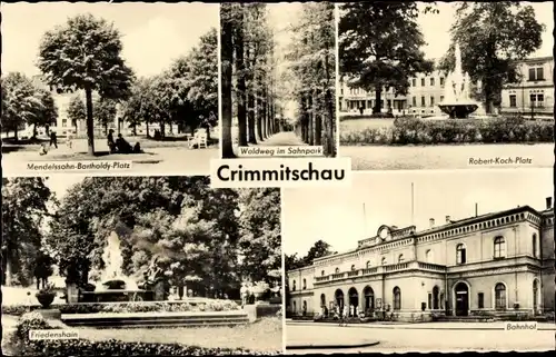 Ak Crimmitschau in Sachsen, Friedenshain, Bahnhof, Robert Koch Platz, Waldweg im Sahnpark