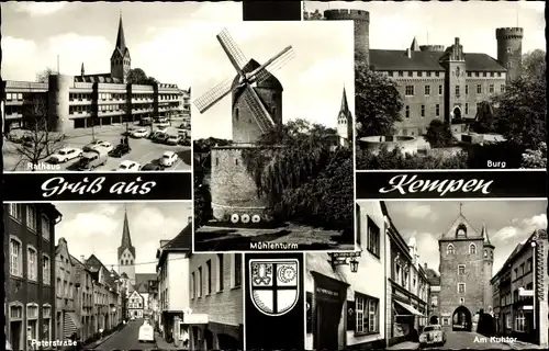 Ak Kempen am Niederrhein, Mühlenturm, Burg, Peterstraße, Rathaus, Kuhtor, Wappen