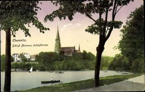 Ak Chemnitz in Sachsen, Schloss Miramar, Schlosskirche, Ruderboot