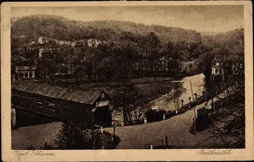 Ak Barthmühle Pöhl im Vogtland, Teilansicht mit überdachter Brücke