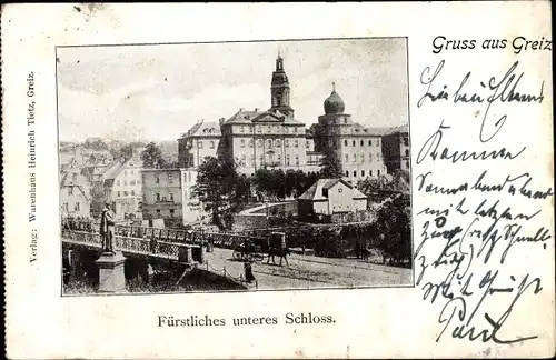 Ak Greiz im Vogtland, Fürstliches unteres Schloss, Brücke, Kutsche