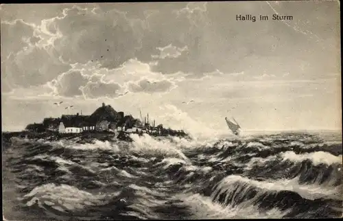 Ak Hallig Oland in Nordfriesland, Blick auf die Warft bei Sturm, Wellen, Segelboot
