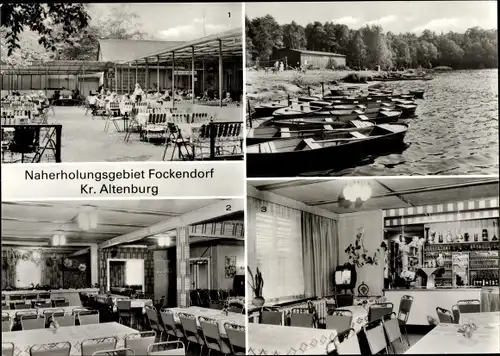 Ak Fockendorf Kreis Altenburg, Stauseegaststätte, Innen- und Außenansichten, Boote