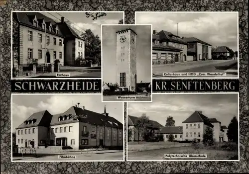 Ak Schwarzheide in der Niederlausitz, Rathaus, Kulturhaus, Wasserturm, HOG, Filmbühne, Schule