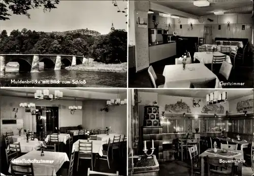 Ak Wechselburg in Sachsen, Hotel Sächsischer Hof, Gastzimmer, Bauernstube,Muldenbrücke, Schlossblick