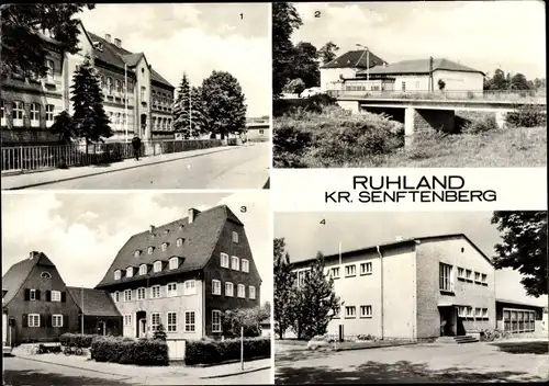 Ak Ruhland Oberlausitz, Polytechnische Oberschule Geschw. Scholl, Elsterbrücke, Rathaus, Turnhalle