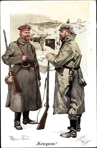 Künstler Ak Kriegsrat, Deutsche Soldaten in Uniformen, Gewehr, I. WK