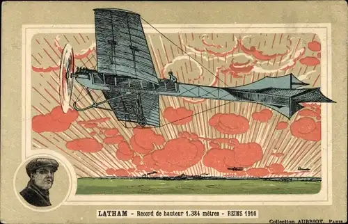 Ak Zivilflugzeug, Flugpionier, Latham, Reims 1910,  Record de hauteur 1.384 metres