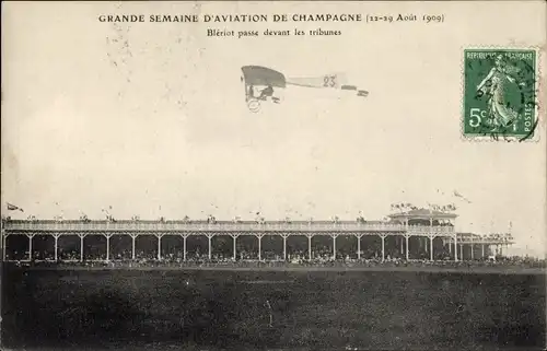 Ak Grande Semaine d'Aviation de Champagne 1909, Bleriot passe devant les tribunes, Flugpionier