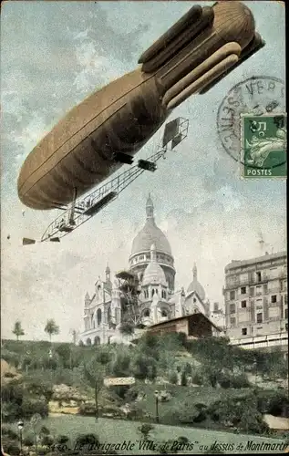 Ak Paris XVIII, Le Dirigeable Ville de Paris au dessus de Montmartre, Zeppelin, Luftschiff