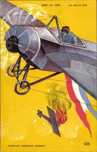 Künstler Ak Dans les airs, Guerre 1914, Französisches Militärflugzeug, Luftkampf, Abschuss