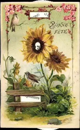 Mechanische Ak Glückwunsch Bonne Fete, Sonnenblumen, Vögel, Zaun, Garten