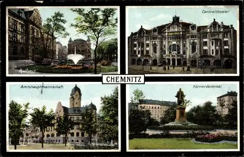 Ak Chemnitz Sachsen, Rathaus, Zentraltheater, Amtshauptmannschaft, Körnerdenkmal