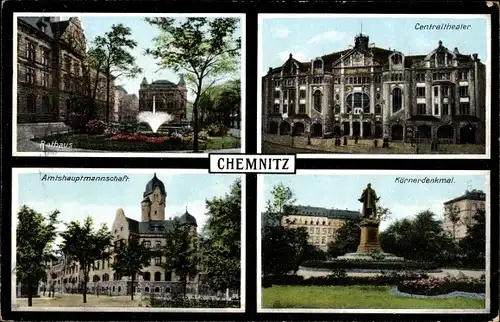 Ak Chemnitz Sachsen, Rathaus, Zentraltheater, Amtshauptmannschaft, Körnerdenkmal