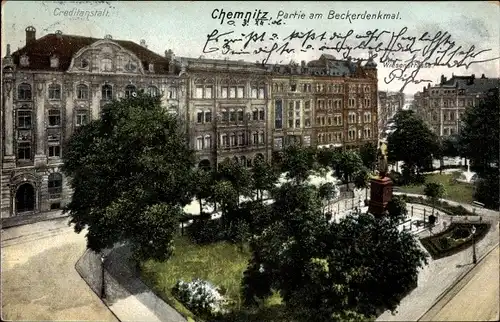 Ak Chemnitz Sachsen, Partie am Beckerdenkmal, Kreditanstalt, Wiesenstraße