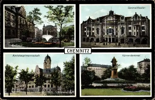 Ak Chemnitz Sachsen, Rathaus, Zentraltheater, Amtshauptmannschaft, Körnerdenkmal