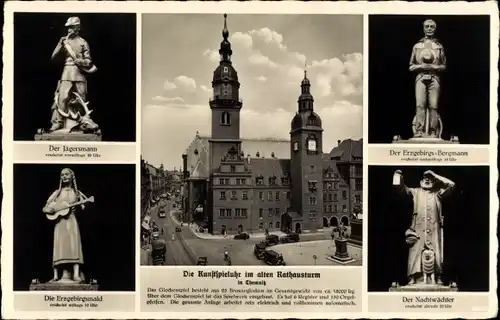 Ak Chemnitz Sachsen, Die Kunstspieluhr im alten Rathausturm, Figuren