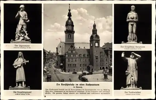 Ak Chemnitz Sachsen, Die Kunstspieluhr im alten Rathausturm, Figuren