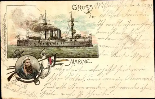 Litho Gruß von der Marine, Seemann, Fahnen, Deutsches Kriegsschiff