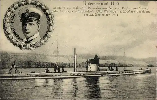 Ak Unterseeboot U9 zerstörte drei englischen Panzerkreuzer, Kapitänleutnant Otto Weddigen, 1914