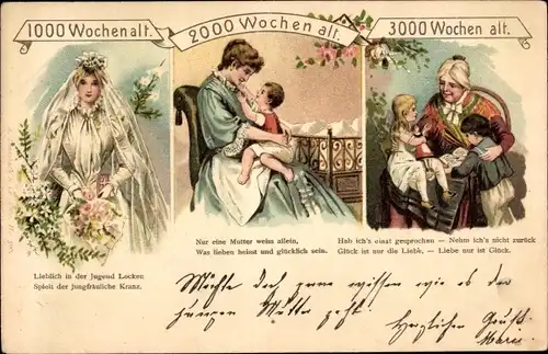 Litho Frau als Braut, als Mutter, als Großmutter, 1000 Wochen alt, 2000 Wochen, 3000 Wochen