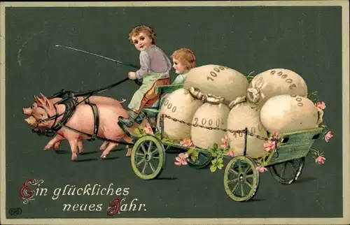 Präge Ak Glückwunsch Neujahr, Kinder, Fuhrwerk, Geldsäcke, Schweine