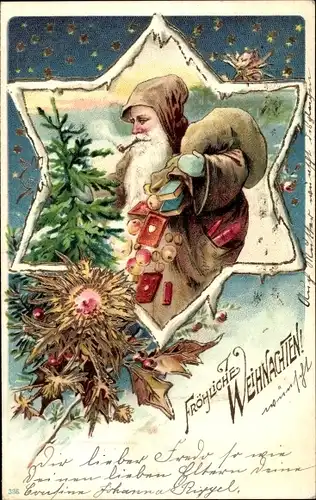 Präge Litho Glückwunsch Weihnachten, Weihnachtsmann, Pfeife, Geschenke, Tannenbaum