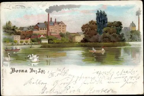 Litho Borna im Kreis Leipzig, Wasserblick zum Ort, Breiter Teich, Schwäne