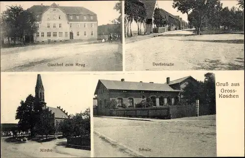 Ak Großkoschen Senftenberg Niederlausitz, Dorfstraße, Gasthof zum Krug, Schule, Kirche