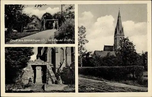 Ak Strücklingen Saterland in Niedersachsen, Kirche, Kriegerdenkmal, Partie an der Brücke