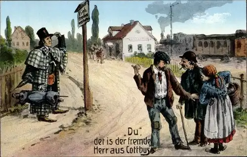 Ak Der fremde Herr aus Cottbus, Personen in zerlumpten Klamotten, Bahnhof, Eisenbahn,