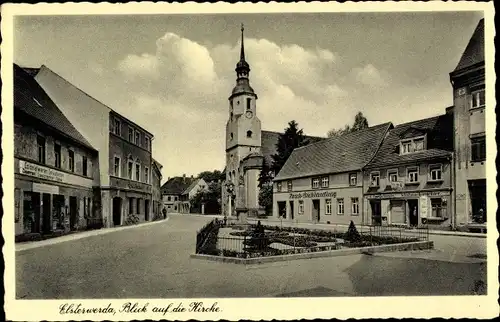 Ak Elsterwerda in Brandenburg, Kirche, Buchhandlung, Kolonialwaren-Handlung