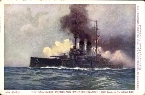 Künstler Ak Kircher, Alex, Österreichisches Kriegsschiff, Erzherzog Franz Ferdinand, Schlachtschiff