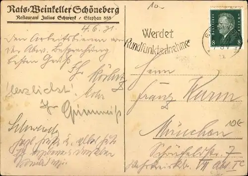 Ak Berlin Schöneberg, Julius Schwenk Ratsweinkeller, Bürgersaal, Festräume, Dinniertisch, Klavier