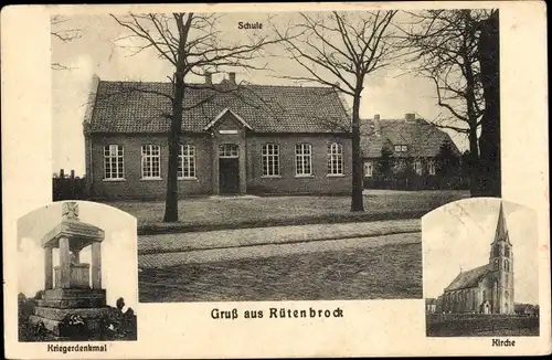 Ak Rütenbrock Haren im Emsland, Kirche, Kriegerdenkmal, Schule