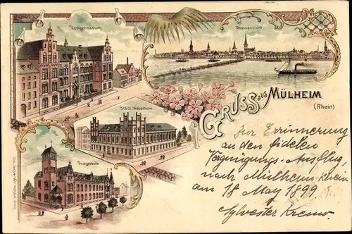 Litho Mülheim Köln Nordrhein Westfalen, Realgymnasium, städt. Webschule, Postgebäude, Rheinansicht
