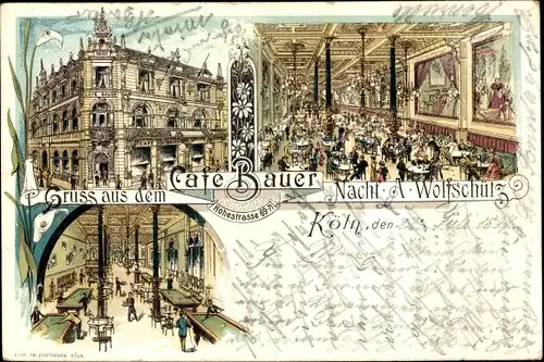 Litho Köln am Rhein, Café Bauer, Hohe Straße 69 - 71, A. Wolfschütz, Billardsaal