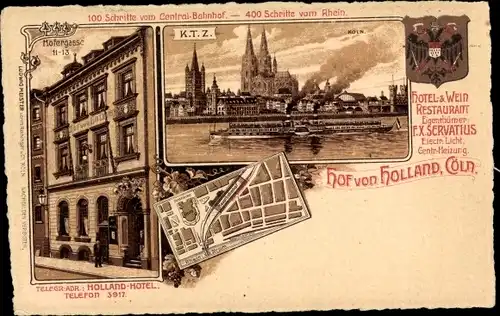 Stadtplan Wappen Litho Köln am Rhein, Hotel Hof von Holland, Hofergasse 11