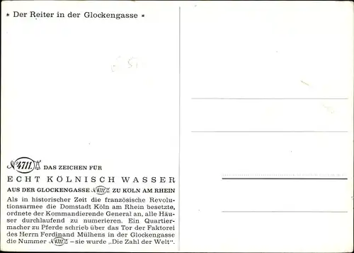 Künstler Ak Köln am Rhein, Der Reiter in der Glockengasse, Reklame 4711 Kölnisch Wasser