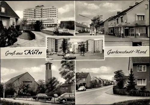Ak Köln am Rhein, Gartenstadt Nord, Straßenansicht, Siedlung, Kirche, Geschäft