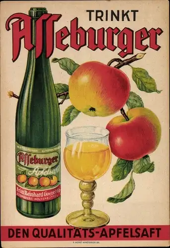 Künstler Ak Reklame, Trinkt Asseburger Apfelsaft, Fritz Reinhard Goeze Süßmosterei Wolfenbüttel