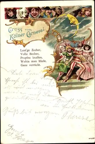 Gedicht Litho Köln am Rhein, Karneval, Ringsum wilder Faschingstrubel, Kostüme, Pierrot