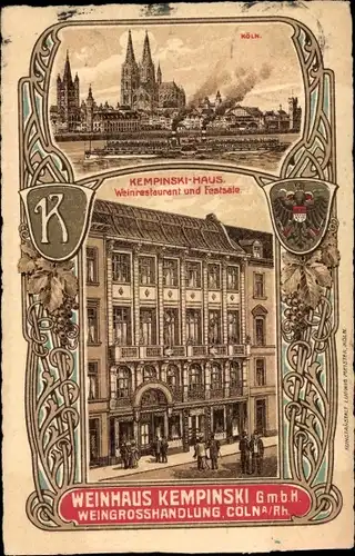 Wappen Litho Köln am Rhein, Rheinansicht, Dom, Weinhaus Kempinski