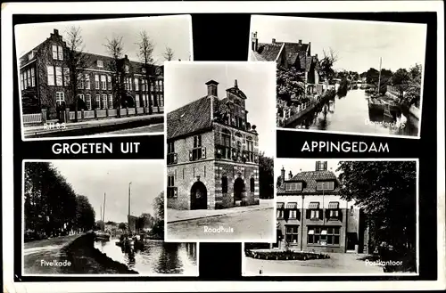 Ak Appingedam Groningen Niederlande, Raadhuis, Post, Fivelkade, Damsterdiep