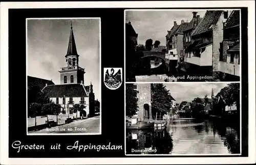 Ak Appingedam Groningen Niederlande, Raadhuis en Toren, Damsterdiep
