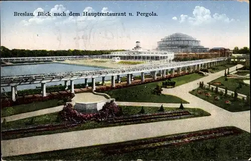 Ak Wrocław Breslau Schlesien, Blick nach dem Hauptrestaurant und Pergola, Jahrhunderthalle