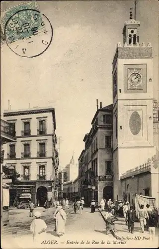 Ak Alger Algerien, La Rue de la Marine, Uhrturm, Passanten, Geschäfte