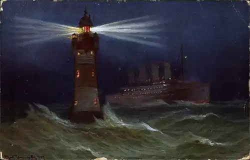 Künstler Ak Wangerooge, Rote Sand Leuchtturm an der Wesermündung, Nacht, Schiff