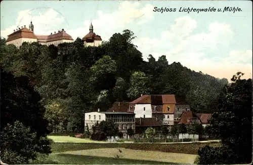 Ak Lichtenwalde Niederwiesa, Blick auf Schloss und Mühle, Berg