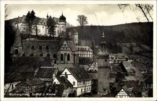 Ak Stolberg im Harz, Schloss und Kirche, Fachwerkhäuser